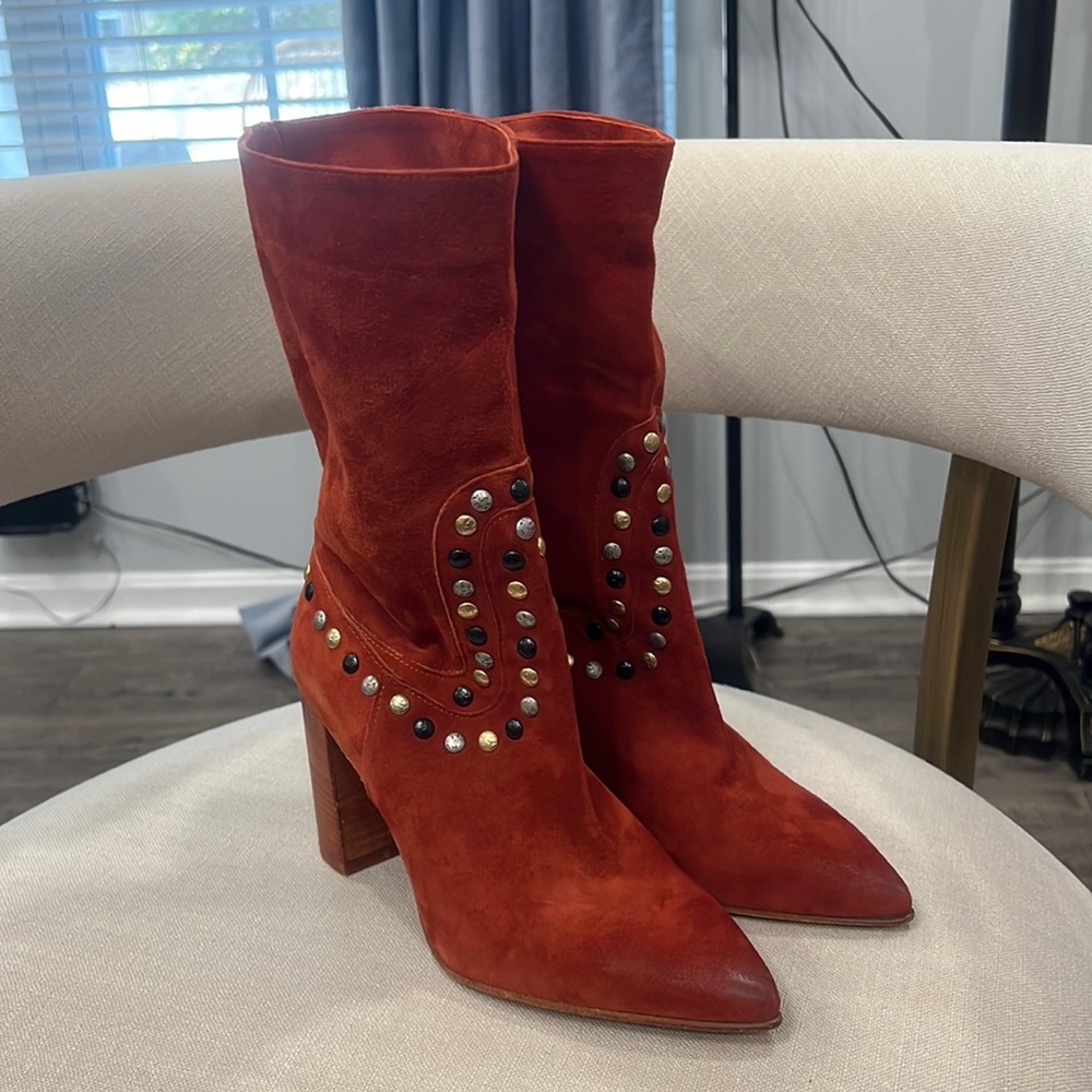 Free People Studded Dakota Heel Boot Ginger Snap Suede Size 38/ 8